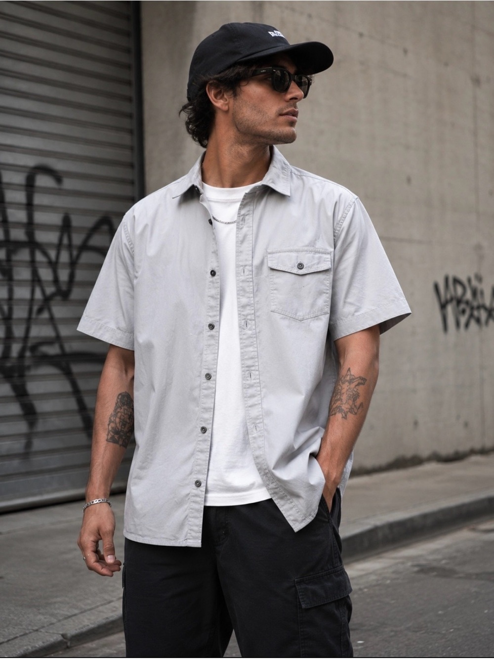 i Jeans by Buffalo Light Gray Button Down Short Sleeved Shirt Urban Streetwear